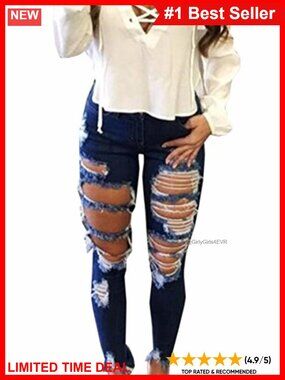 High Waisted Skinny Ripped Distressed Stretch Denim Jeans Pencil Fit